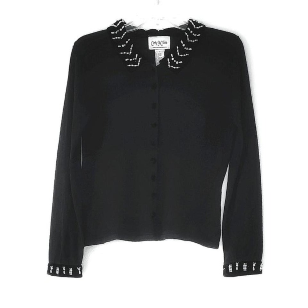 Vintage Black Beaded Velvet‎ Collar Cardigan Pearl Embellished Sweater S